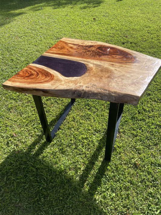 Camphor Laurel and Amethyst-Style Epoxy Resin Table with Steel Legs